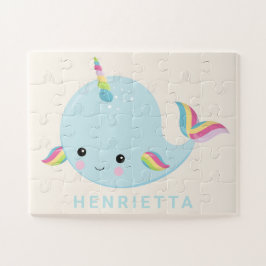 Rainbow Narwhal Kawaii Muster Pastel Blauer Name Puzzle