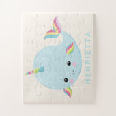 Rainbow Narwhal Kawaii Muster Pastel Blauer Name Puzzle (Vertikal)
