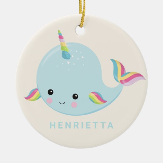 Rainbow Narwhal Kawaii Pattern Pastel Blue Name Keramik Ornament (Vorne)