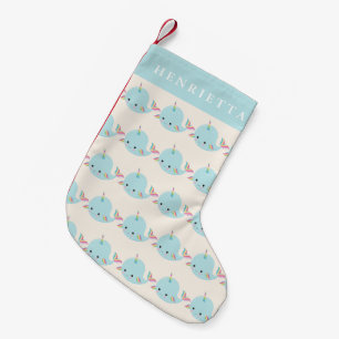 Rainbow Narwhal Kawaii Pattern Pastell Blauer Name Kleiner Weihnachtsstrumpf