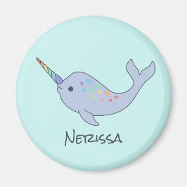 Rainbow Narwhal Name Round Magnet