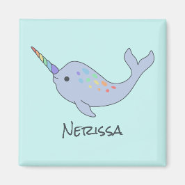Rainbow Narwhal Name Square Magnet