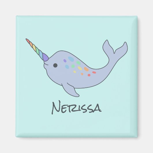 Rainbow Narwhal Name Square Magnet (Vorne)