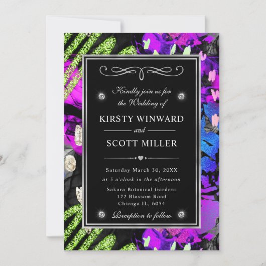 Rainbow Neon Abstrakt Glitzer Frame Wedding Einladung (Vorderseite)
