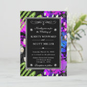 Rainbow Neon Abstrakt Glitzer Frame Wedding Einladung (Stehend Vorderseite)