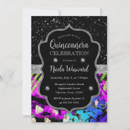 Rainbow Neon Abstrakt Glitzer Quinceanera Einladung