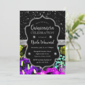 Rainbow Neon Abstrakt Glitzer Quinceanera Einladung (Stehend Vorderseite)