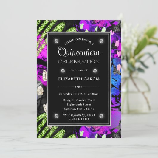 Rainbow Neon Abstrakter Glitzer Frame Quinceanera Einladung (Stehend Vorderseite)