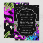 Rainbow Neon Abstrakter Glitzer Sweet 16 Einladung (Vorne/Hinten)