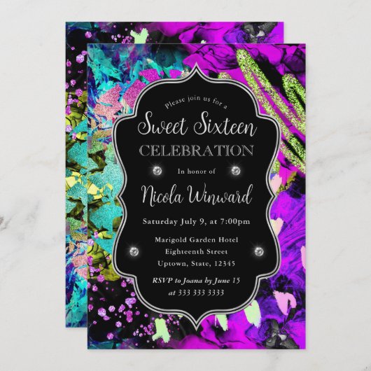 Rainbow Neon Abstrakter Glitzer Sweet 16 Einladung (Vorne/Hinten)