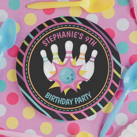 Rainbow Neon Bowling Birthday Party Pappteller