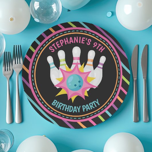 Rainbow Neon Bowling Birthday Party Pappteller