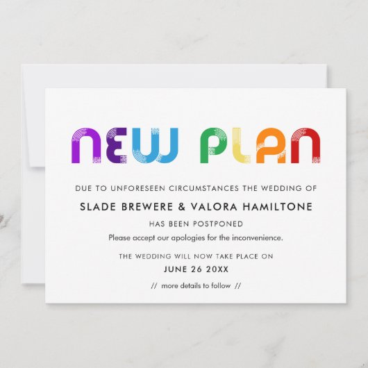 Rainbow Neuer Plan aufgeschoben Hochzeitkarte Einladung (Vorderseite)