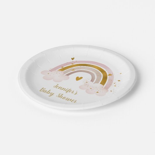 Rainbow Neutral Gold Pastel Baby Dusche Pappteller (Schrägansicht)
