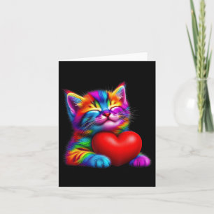 Rainbow Niedlich Cat Hugging Valentine Heart Kitty Karte