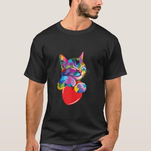 Rainbow Niedlich Cat Hugging Valentine Heart Kitty T-Shirt (Vorderseite)