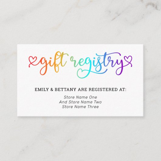 Rainbow Niedlich Hearts Gift Registry LGBT Wedding Begleitkarte (Vorderseite)