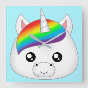 Rainbow Niedlich Kawaii Einicorn Gesichtskopf Quadratische Wanduhr