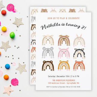 Rainbow Niedlicher Tiere Kindergeburtstag Party Einladung