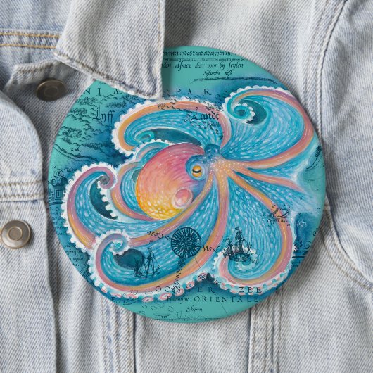Rainbow Octopus Aquamarine Vintage Karte Button (Beispiel)