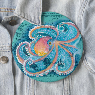 Rainbow Octopus Aquamarine Vintage Karte Button