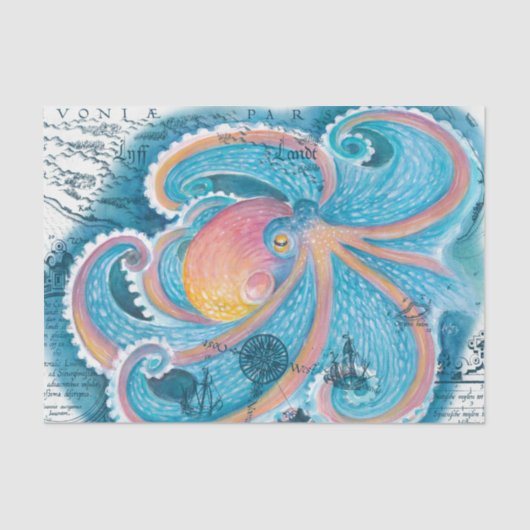 Rainbow Octopus Blue Vintag Map Nautic Marine Seidenpapier (Vorderseite)