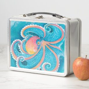 Rainbow Octopus Kraken Tentacles Teal Watercolor Metall Brotdose