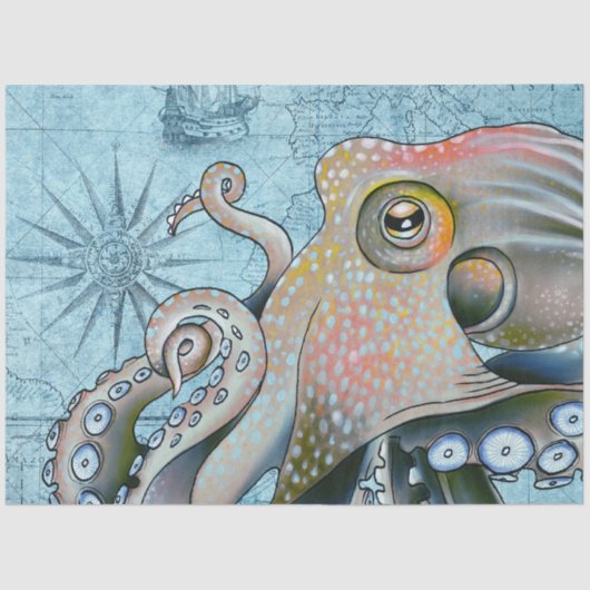 Rainbow Octopus Vintag Map Compass Nautic Seidenpapier (Vorderseite)