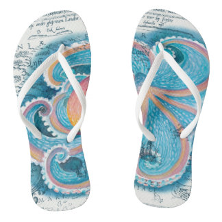 Rainbow Octopus Vintag Map White Water color Badesandalen
