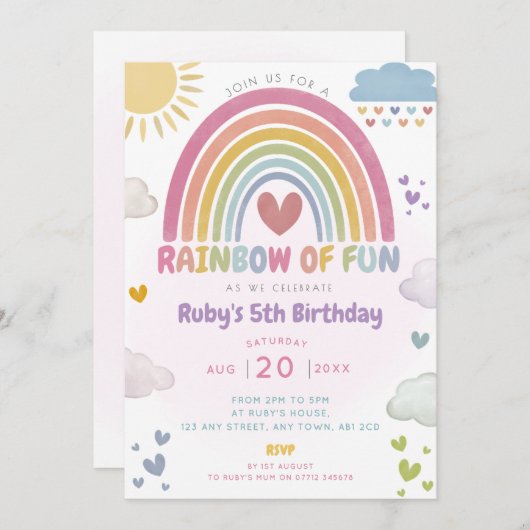 Rainbow of Fun Birthday Party Einladung helle Farb (Vorne/Hinten)