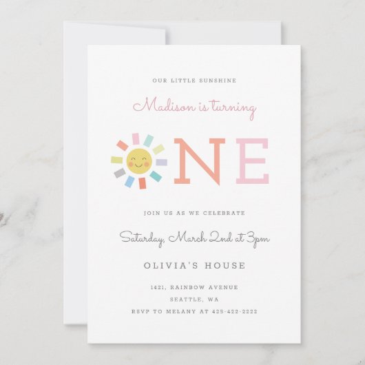 Rainbow One Kindergeburt Einladung (Vorderseite)