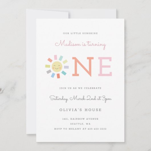 Rainbow One Kindergeburt Einladung (Vorderseite)