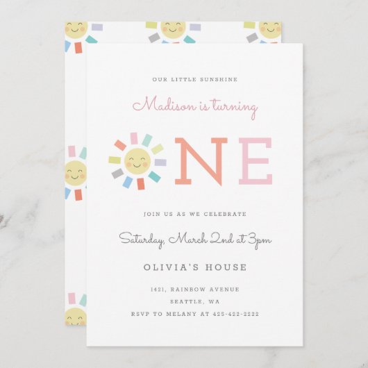 Rainbow One Kindergeburt Einladung (Vorne/Hinten)