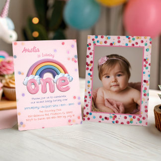 Rainbow One Photo Birthday Baby Girl Einladung