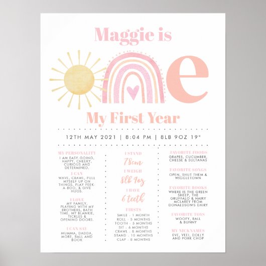 Rainbow ONEderful Girls 1st Birthday Milestone Poster (Vorne)