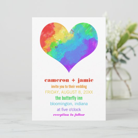 Rainbow Paint Heart Gay Lesbian Wedding Einladung (Stehend Vorderseite)