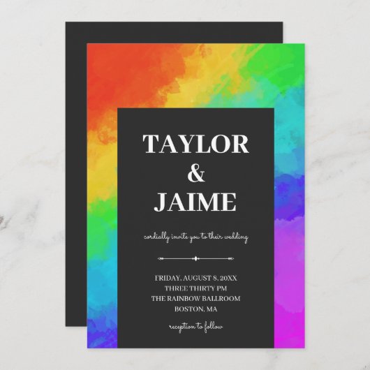 Rainbow Paint Modern Gay Lesbian Wedding Einladung (Vorne/Hinten)