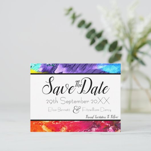 Rainbow Paint Save the Date Postkarte (Stehend Vorderseite)