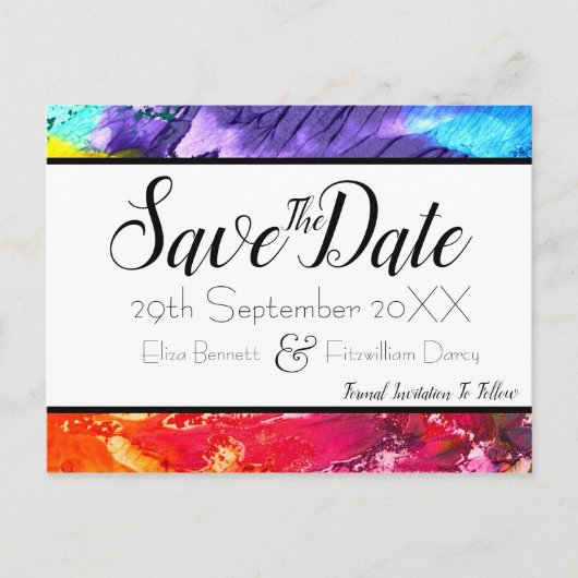 Rainbow Paint Save the Date Postkarte (Vorderseite)
