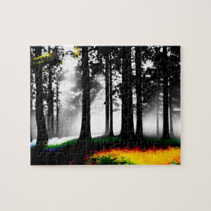 Rainbow Paint Spritzer auf Silhouette Forest Puzzle