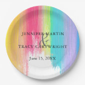 Rainbow Paint Strokes Gay Lesbian Artistic Wedding Pappteller (Vorderseite)