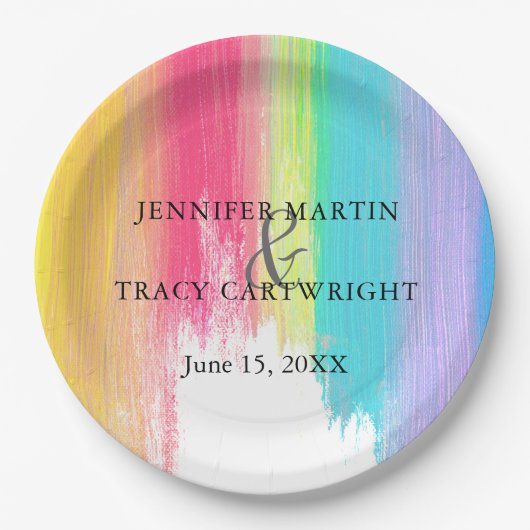 Rainbow Paint Strokes Gay Lesbian Artistic Wedding Pappteller (Vorderseite)