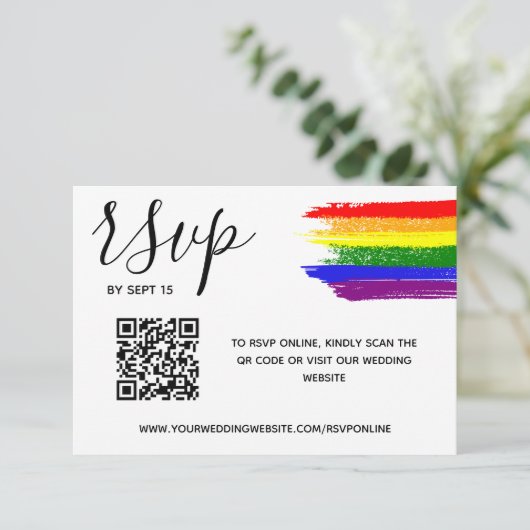 Rainbow Paint Strokes LGBT Wedding QR Code RSVP Karte (Stehend Vorderseite)