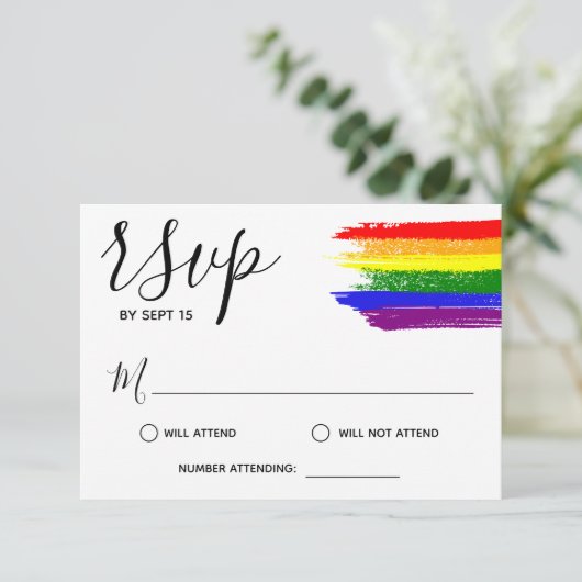Rainbow Paint Strokes LGBT Wedding RSVP Karte (Stehend Vorderseite)