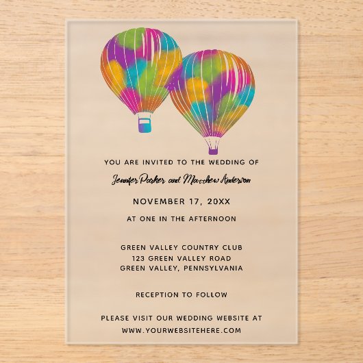 Rainbow Painted Hot Air Balloons Custom Wedding Acryleinladungen (Vorderseite)