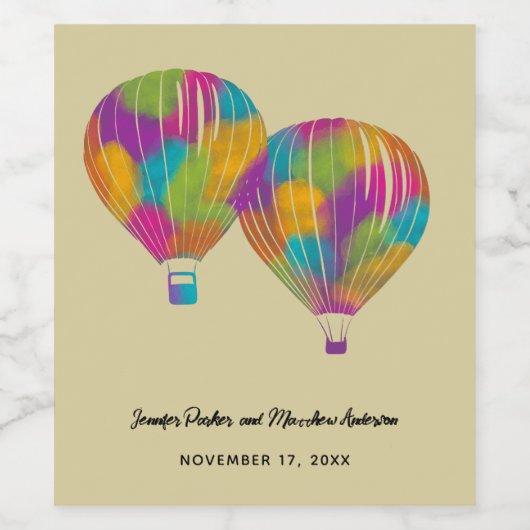 Rainbow Painted Hot Air Balloons Custom Wedding Weinetikett (Einzelnes Label)