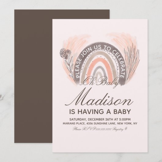 Rainbow Pampas Doodle Bohemisch Baby Dusche Einladung (Vorne/Hinten)