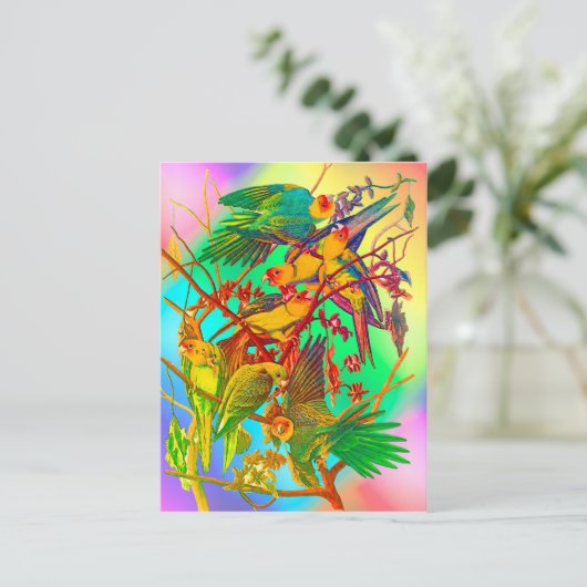 Rainbow Parrot Parade Postkarte (Stehend Vorderseite)