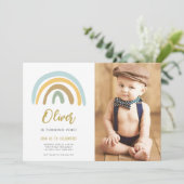 Rainbow Pastel Boho Mute Blue Boy Erster Geburtsta Einladung (Stehend Vorderseite)