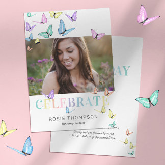 Rainbow Pastel Butterflies Foto Birthday Party Einladung